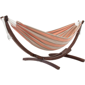 Cameo – peach salmon stripe Sunbrella hammock with wooden arc stand