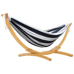 Harbor – navy and white stripe Sunbrella hammock with wooden arc stand