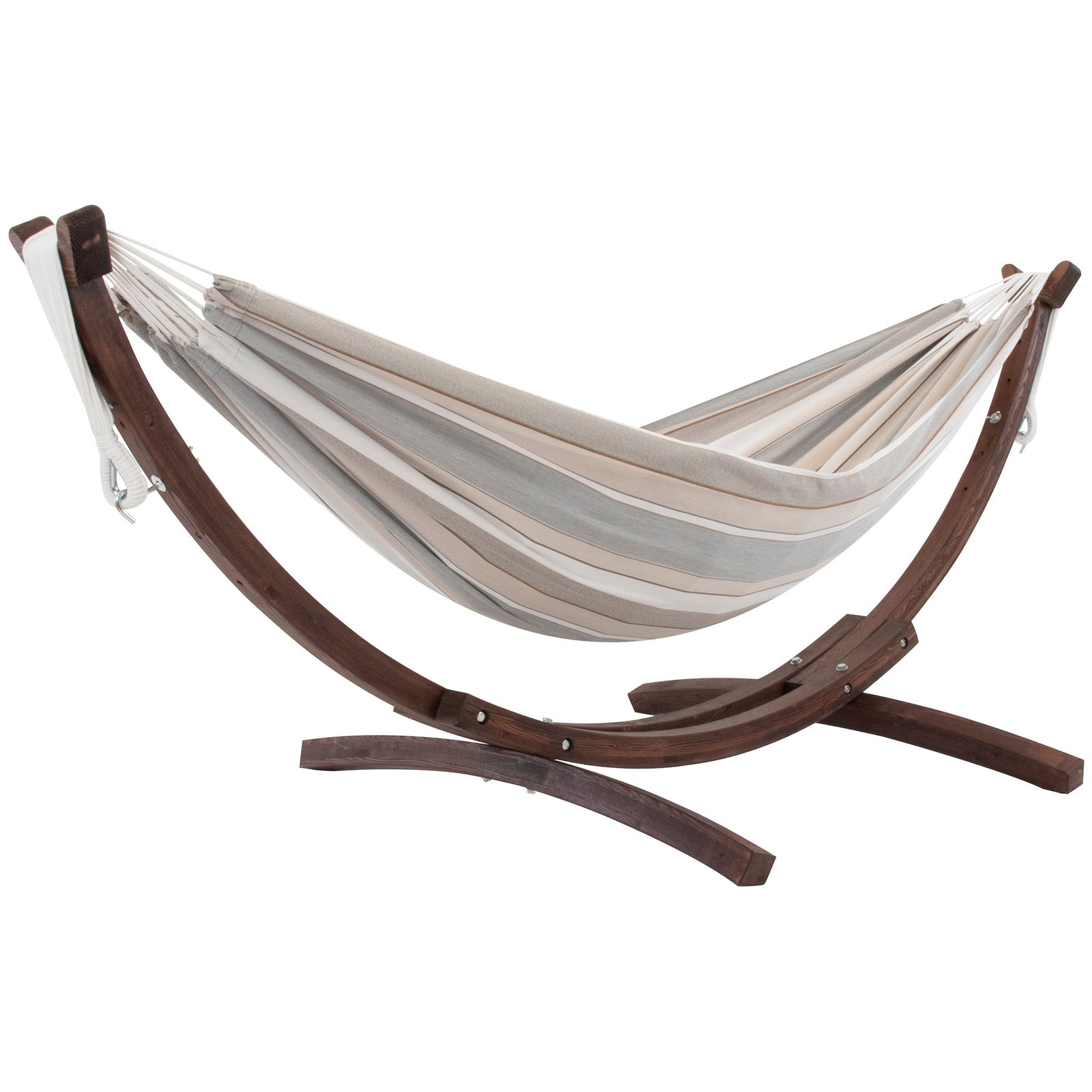 Dove – beige natural stripe Sunbrella hammock with wooden arc stand