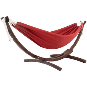 Crimson – red Sunbrella hammock with wooden arc stand