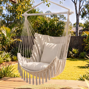 Hammock Chair Macrame Hanging Swing with Cushions Cream