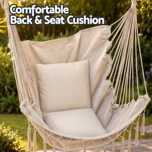 Hammock Chair Macrame Hanging Swing with Cushions Cream