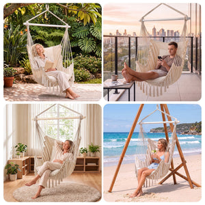 Hammock Chair Macrame Hanging Swing with Cushions Cream