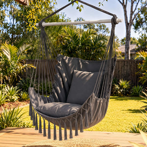 Hammock Chair Macrame Hanging Swing with Cushions Grey