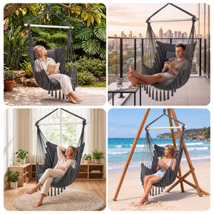 Hammock Chair Macrame Hanging Swing with Cushions Grey