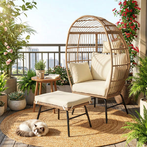 Rattan Enclosed Freestanding Egg Chair with Ottoman
