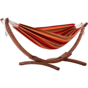 Sunset – red orange multistripe Sunbrella hammock with wooden arc stand
