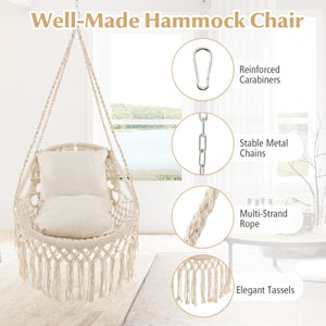 Boho Hammock Hanging Chair with Fringe & Cushions