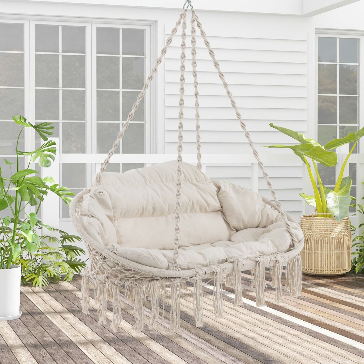 Hand-Woven Rope Boho Hanging Swing Chair with Cushion Oz Hammocks