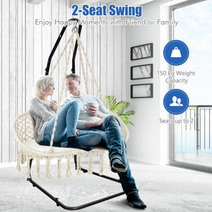 2-Seat Boho Hammock Chair with Adjustable Steel Stand & Cushion
