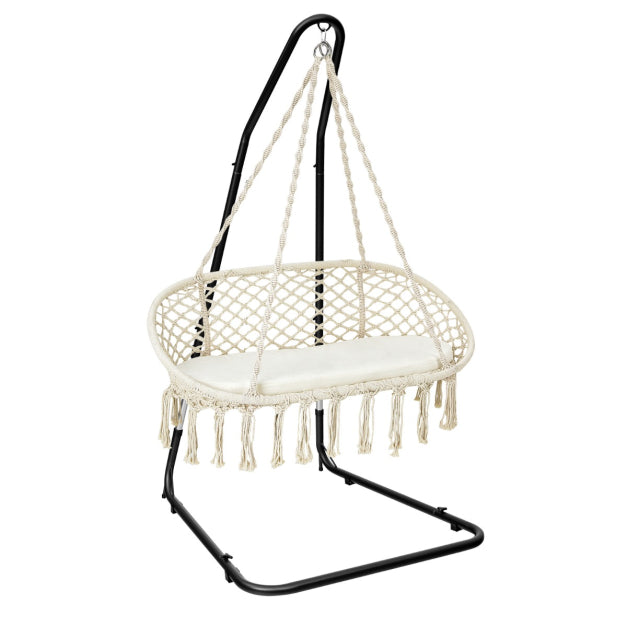 2-Seat Boho Hammock Chair with Adjustable Steel Stand & Cushion