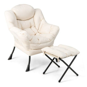 Plush Lazy Chair with Ottoman & Pillow & Armrests & Side Pocket