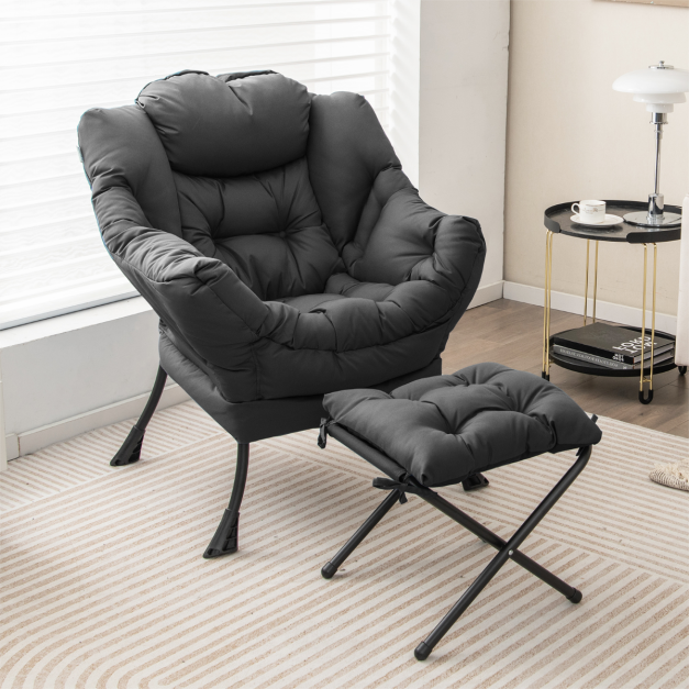 Plush Lazy Chair with Ottoman & Pillow & Armrests & Side Pocket