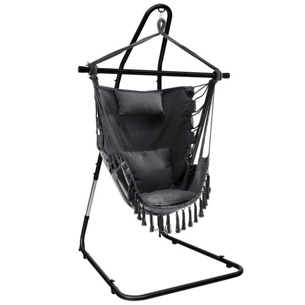 Tassel Hammock Chair with Adjustable Steel Stand & Cushions
