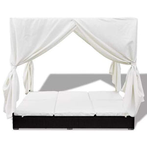 Sunlounger With Curtains Poly Rattan