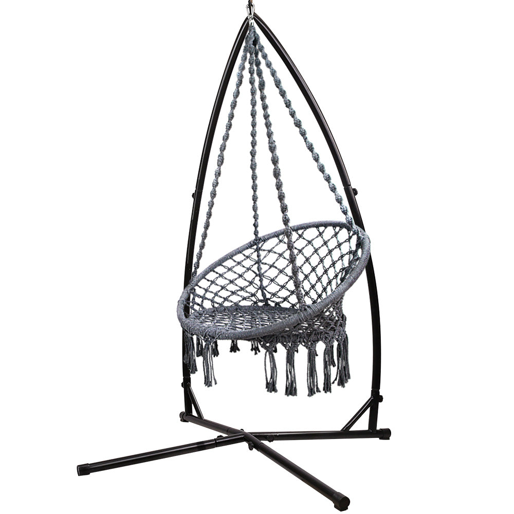 Grey Macrame Swing Hammock Chair with Steel Stand