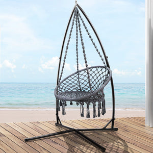 Grey Macrame Swing Hammock Chair with Steel Stand