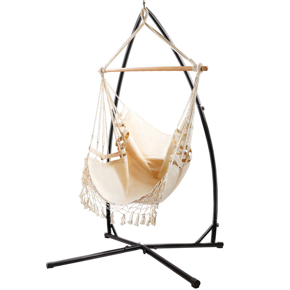 Gardeon Outdoor Hammock Tassel Chair with Steel Stand - Cream