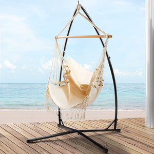 Gardeon Outdoor Hammock Tassel Chair with Steel Stand - Cream