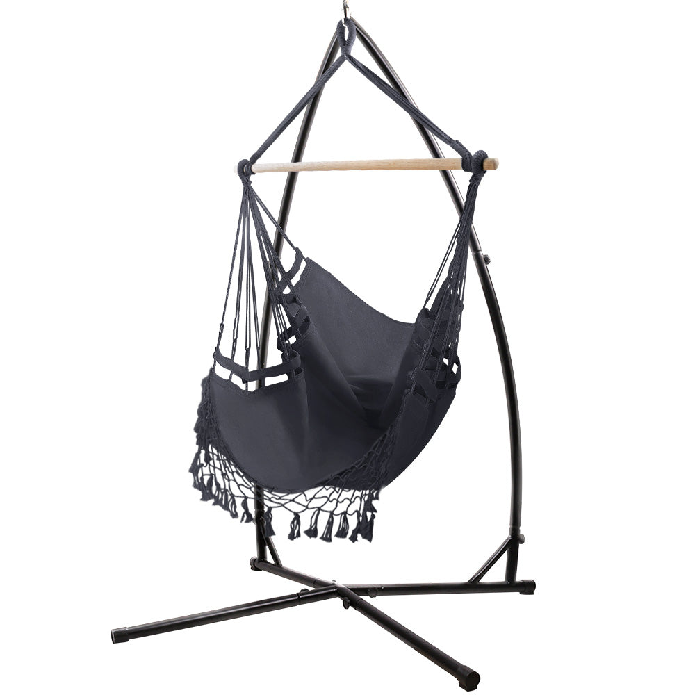 Gardeon Outdoor Hammock Tassel Chair with Steel Stand - Grey