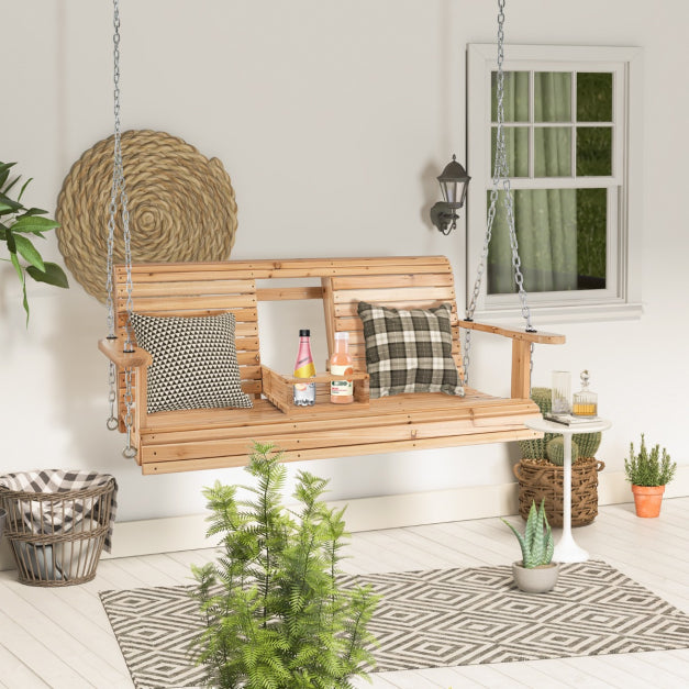 2 Person Wooden Hanging Porch Swing with Cupholders