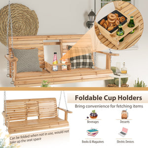 2 Person Wooden Hanging Porch Swing with Cupholders